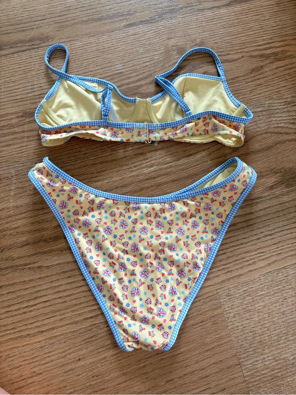 Frankie's Bikinis Yellow Floral Bikini with Blue Gingham Trim